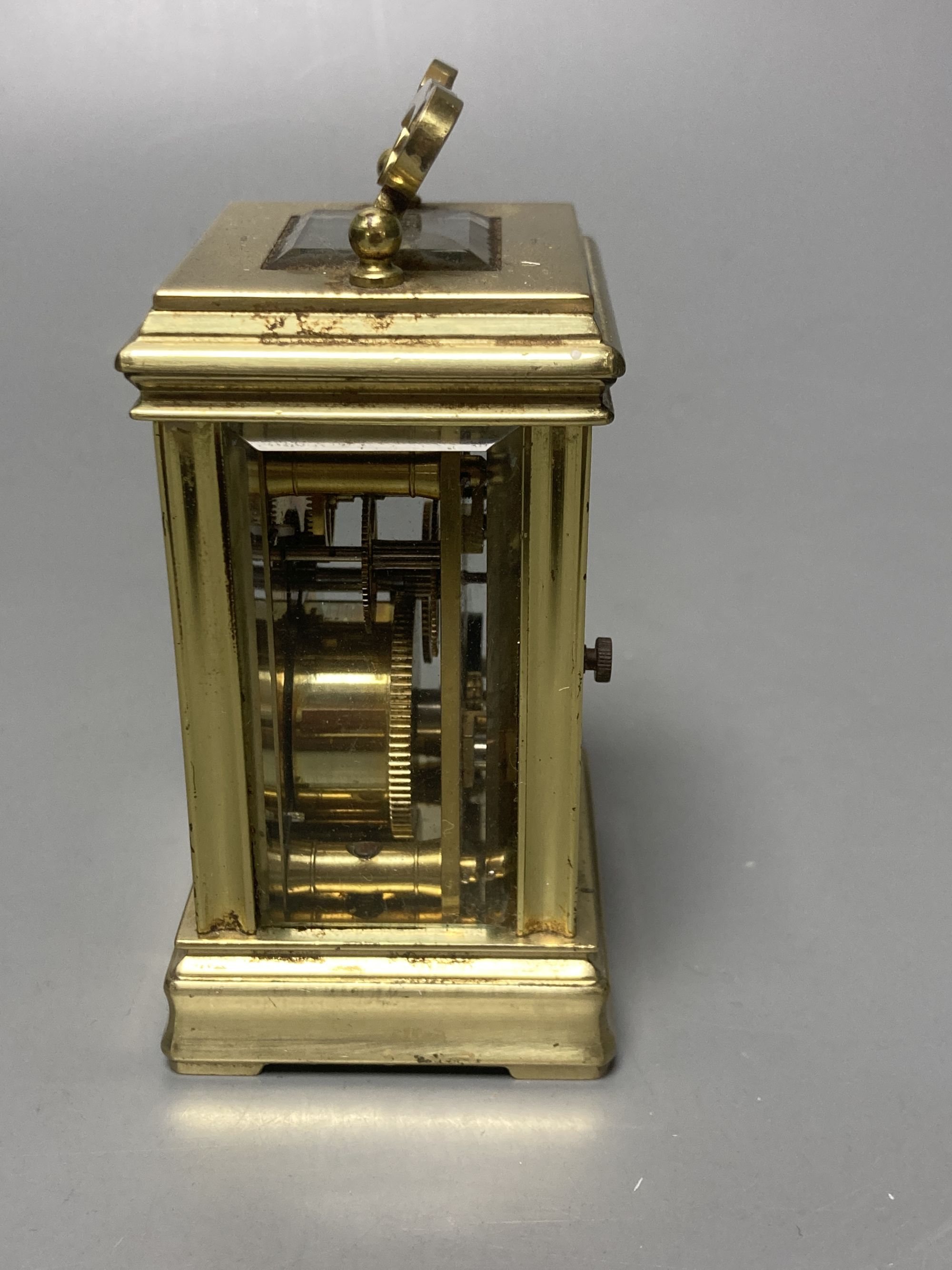 A 20th century miniature brass carriage timepiece, height 9cm